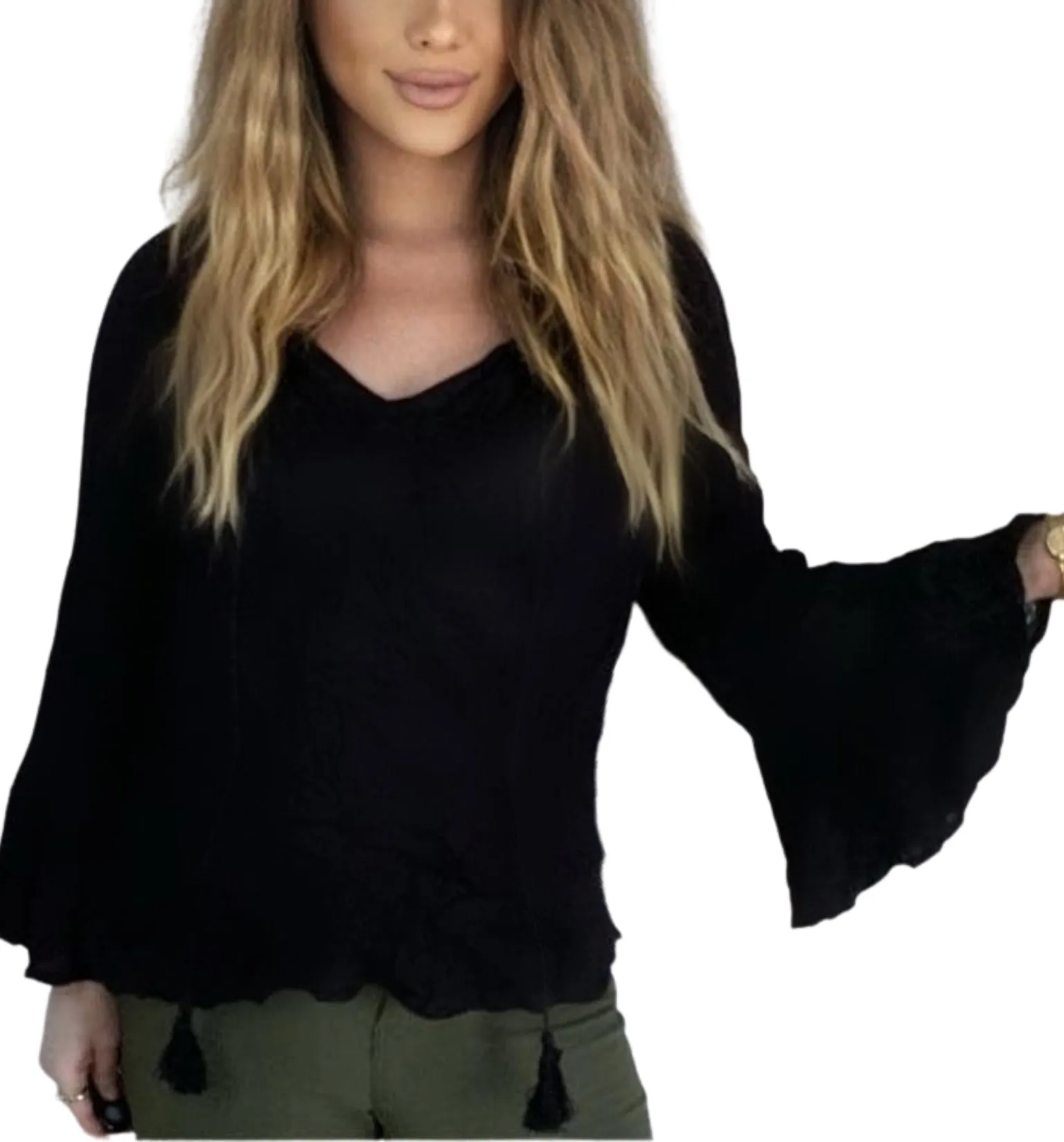 💙 AVERY Long Sleeve Boho Tops - Black & Khaki