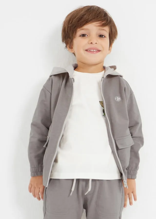 3458 Mayoral Mini Boys Relaxed Zippered Hoodie Jacket, Fossil Lt Grey