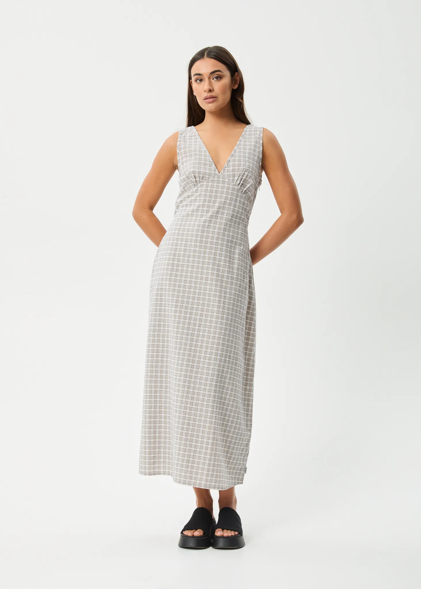AFENDS Womens Drew - Seersucker Maxi Dress - Taupe Check