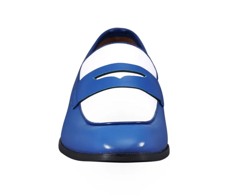 Amali Royal Elegance Two Tone Penny Loafers Men’s Vegan Leather Royal Blue & White