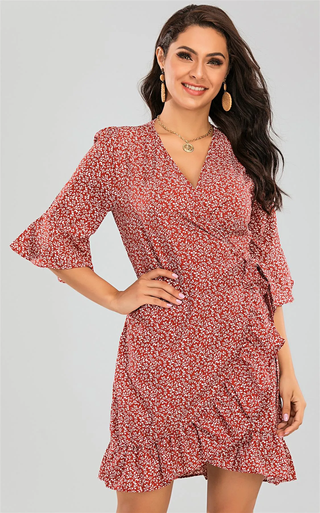 Angel Sleeve Frill Mini Dress Red Print