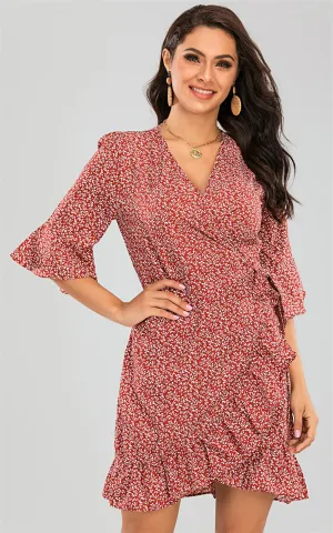 Angel Sleeve Frill Mini Dress Red Print