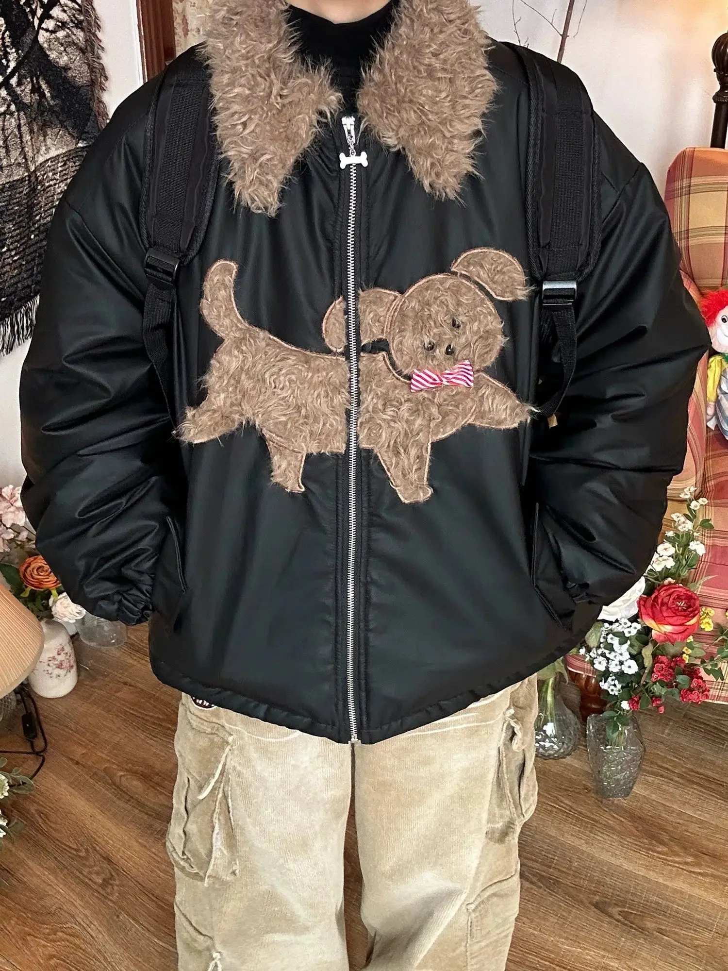 Applique Dog Design Puffy Coat