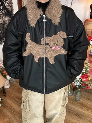 Applique Dog Design Puffy Coat