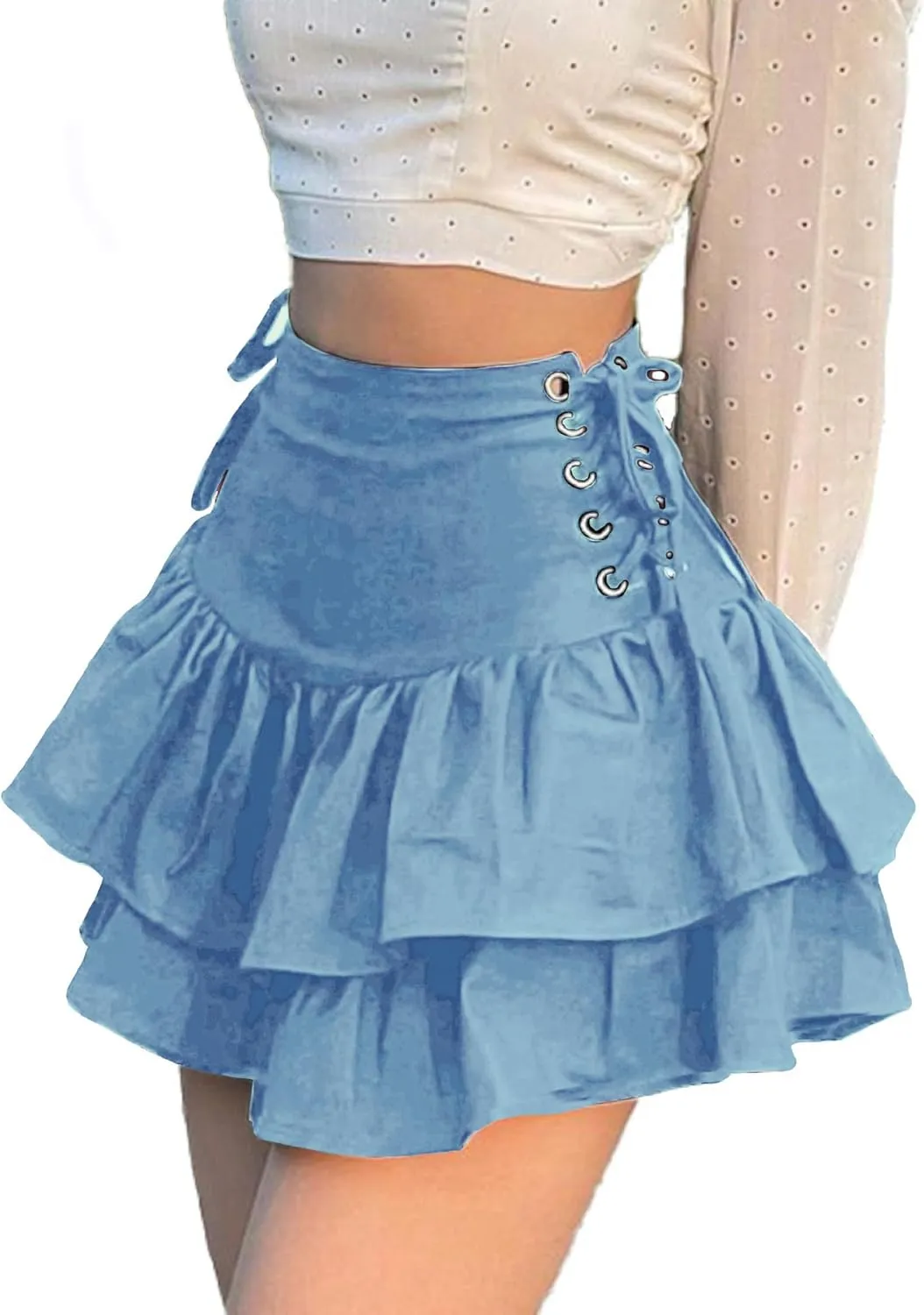 AULKEEP Womens Lace Up Skirts Goth Ruffle Mini Skirt Y2k Black High Waist Skirt Summer Punk Short Skirts
