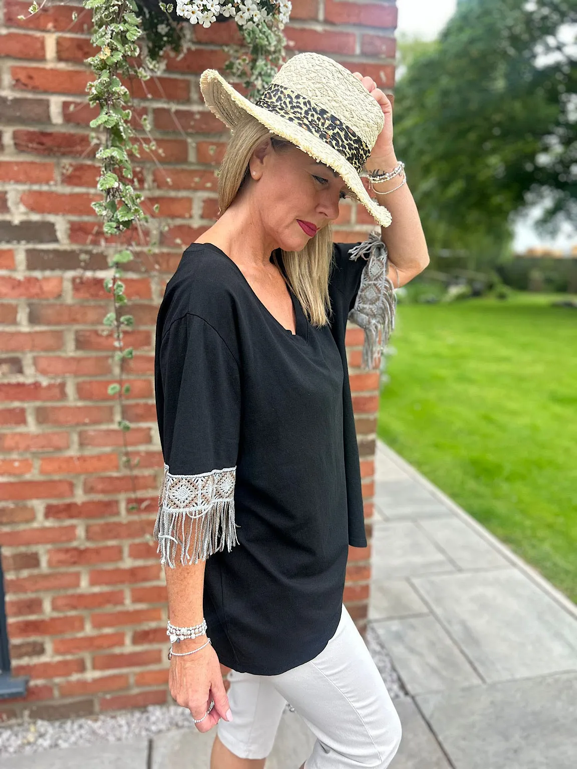 Black Crochet Fringed Sleeve Top Drew