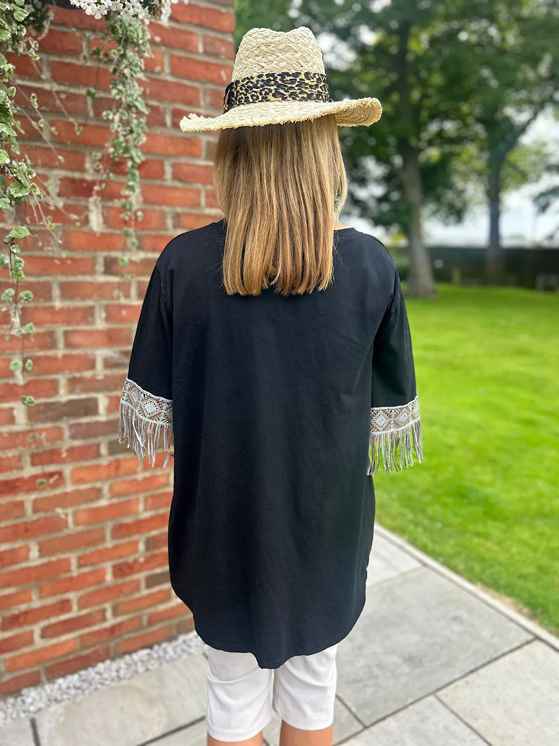 Black Crochet Fringed Sleeve Top Drew