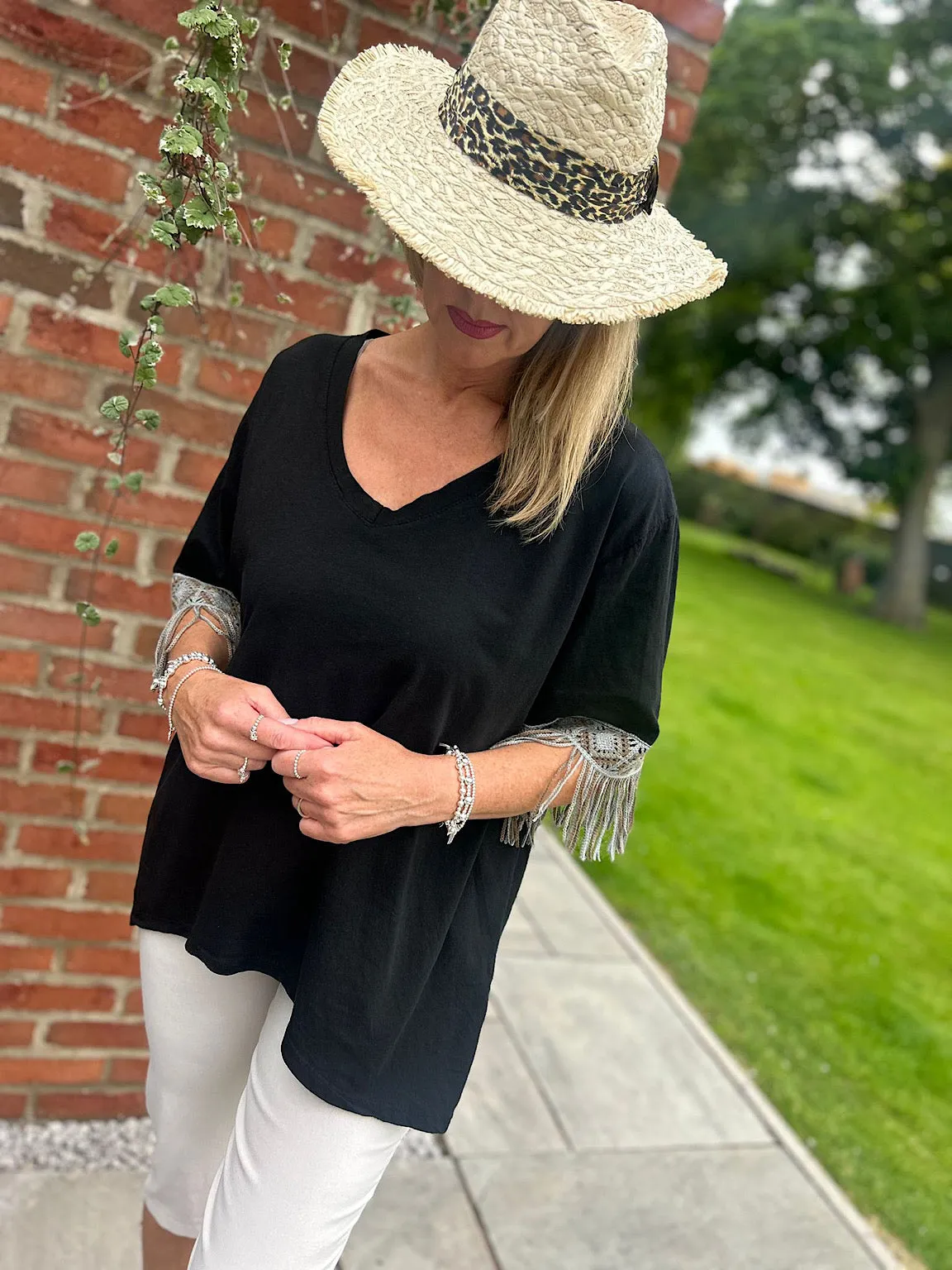 Black Crochet Fringed Sleeve Top Drew