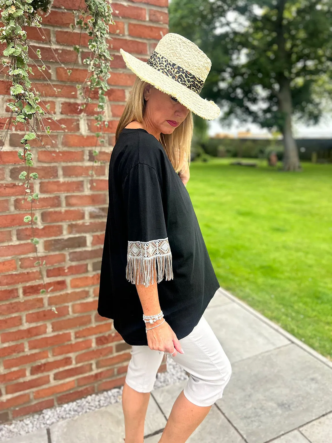 Black Crochet Fringed Sleeve Top Drew