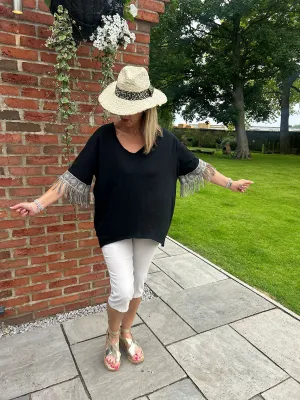 Black Crochet Fringed Sleeve Top Drew