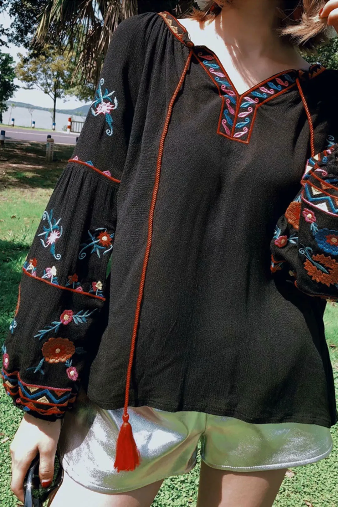 Boho Tops for Women, Boho Tops for Women, Boho Blouse,  Embroidery Cotton in Black