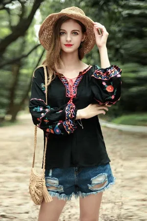 Boho Tops for Women, Boho Tops for Women, Boho Blouse,  Embroidery Cotton in Black