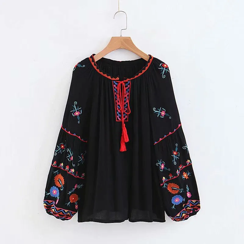Boho Tops for Women, Boho Tops for Women, Boho Blouse,  Embroidery Cotton in Black