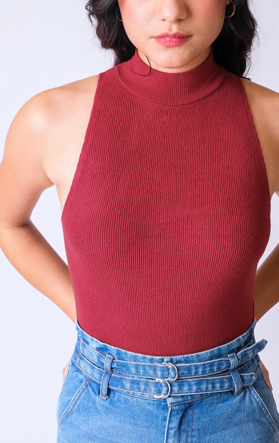 BURGUNDY MOCK NECK HALTER BODYSUIT