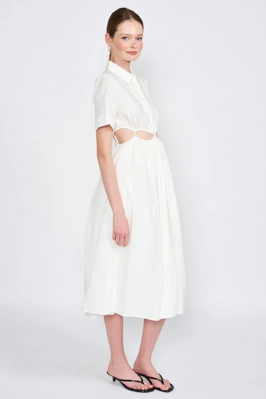BUTTON UP COLLARED MIDI DRESS WITH CUT OUT