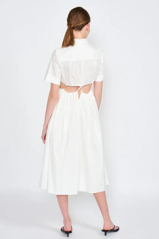 BUTTON UP COLLARED MIDI DRESS WITH CUT OUT