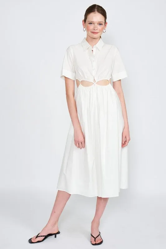 BUTTON UP COLLARED MIDI DRESS WITH CUT OUT