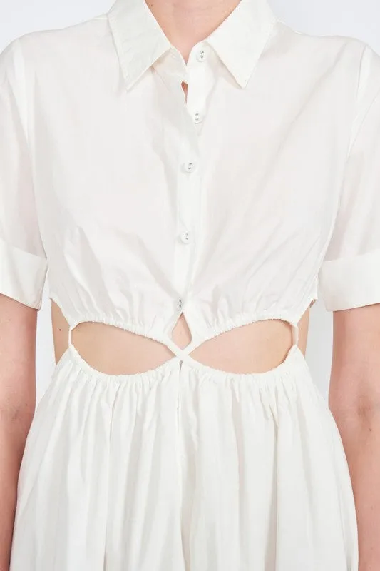 BUTTON UP COLLARED MIDI DRESS WITH CUT OUT