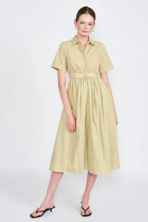 BUTTON UP COLLARED MIDI DRESS WITH CUT OUT