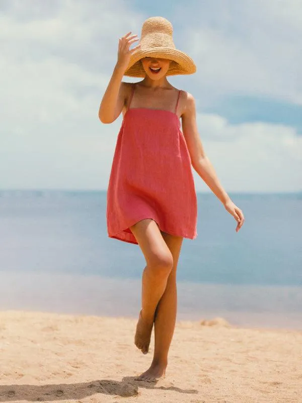 Carefree Getaway Glam: Breezy Cotton Linen Suspender Dress for Effortless Travel Style
