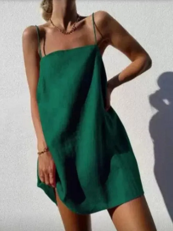 Carefree Getaway Glam: Breezy Cotton Linen Suspender Dress for Effortless Travel Style