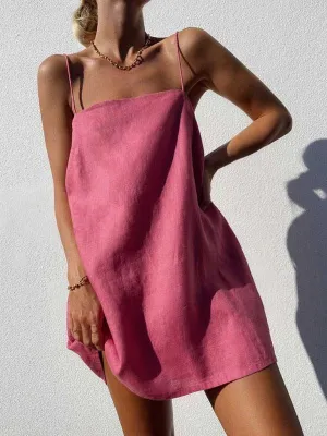 Carefree Getaway Glam: Breezy Cotton Linen Suspender Dress for Effortless Travel Style