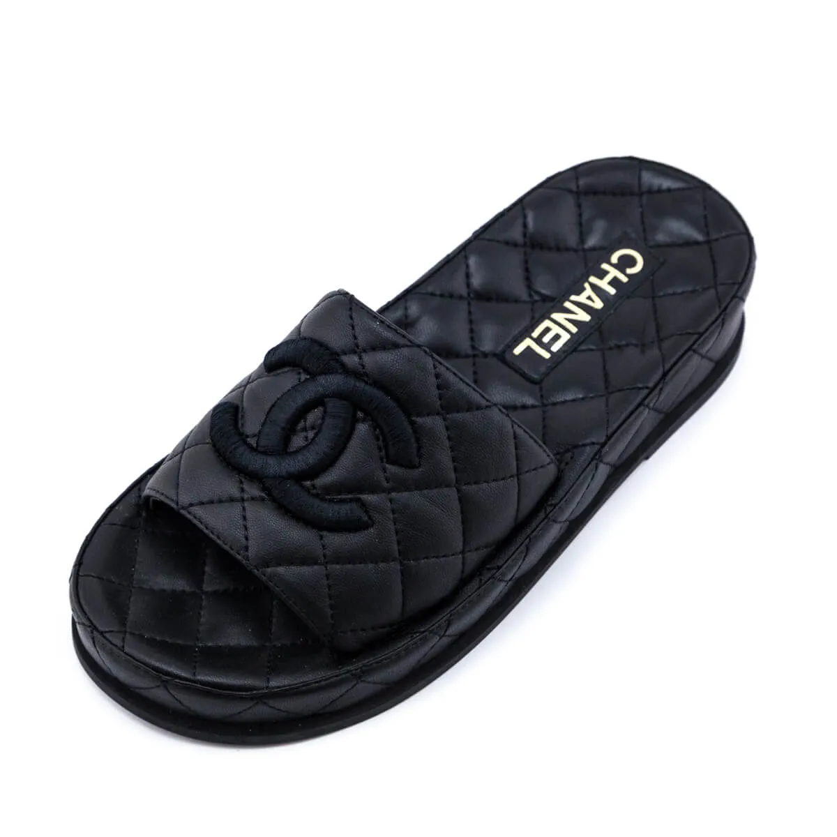 Chanel Black Quilted Lambskin CC Slides Size US 6 | EU 36