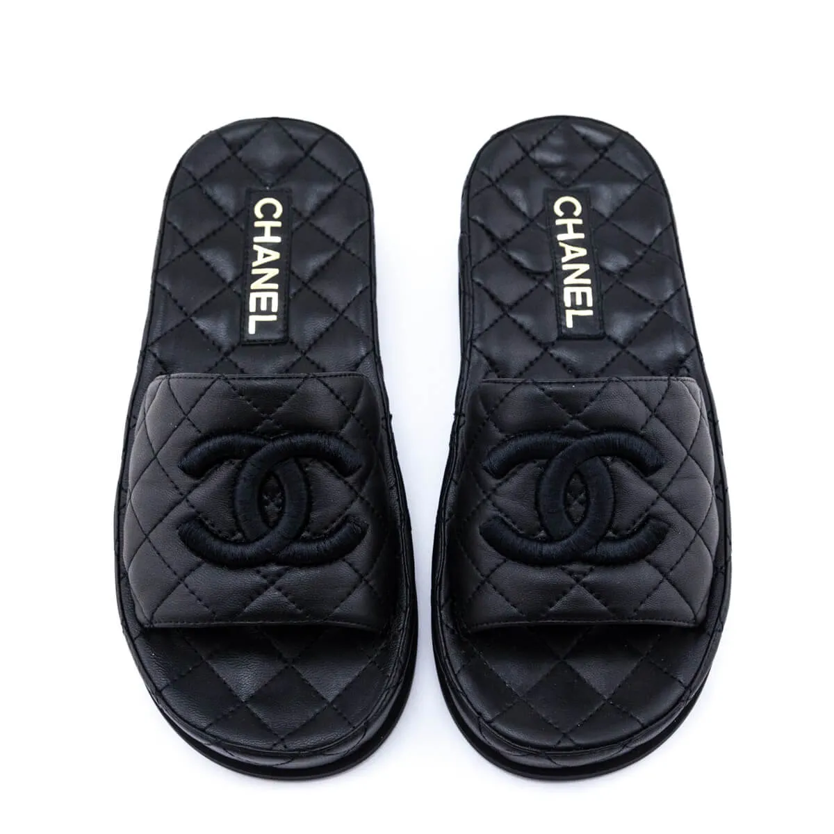 Chanel Black Quilted Lambskin CC Slides Size US 6 | EU 36