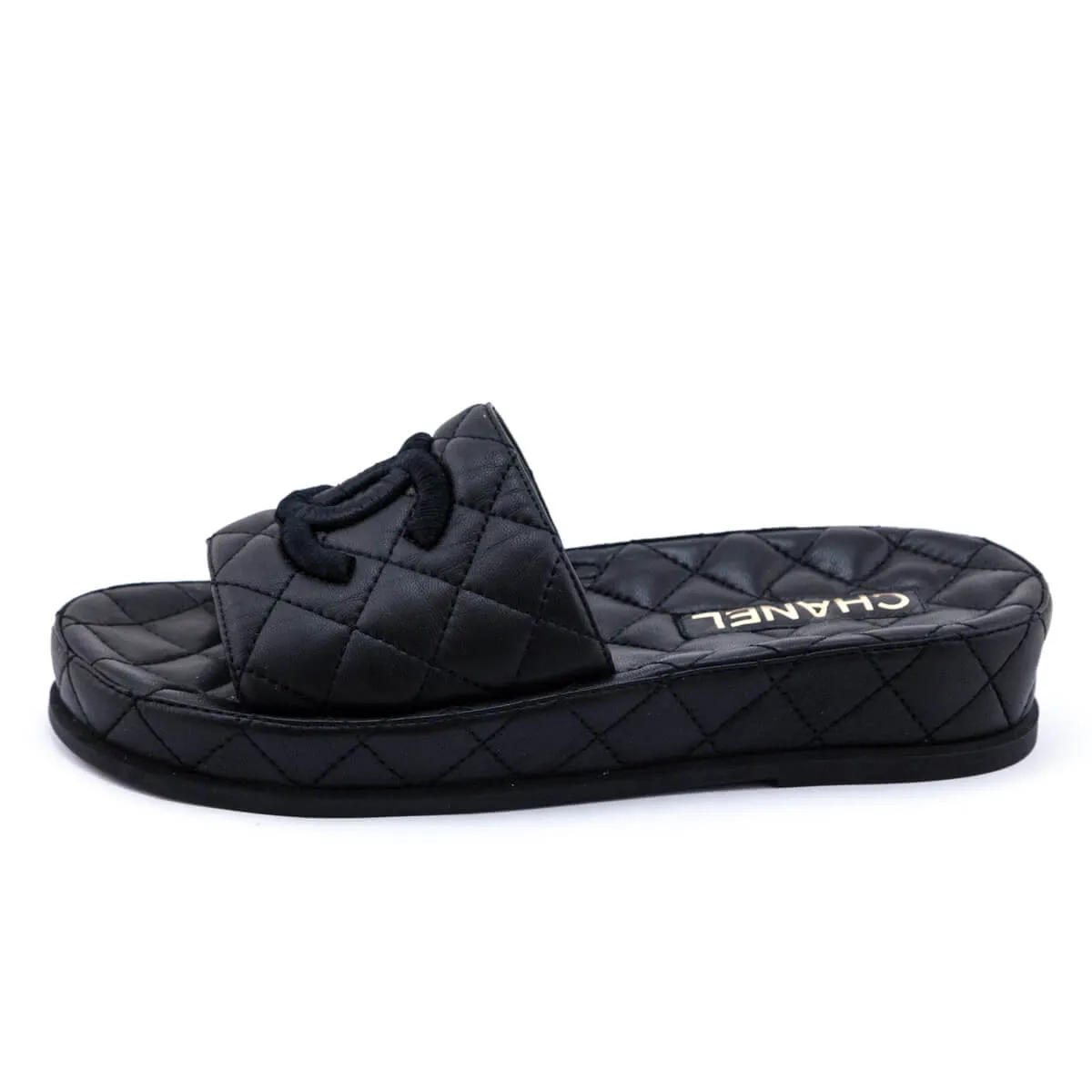Chanel Black Quilted Lambskin CC Slides Size US 6 | EU 36