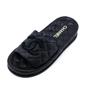 Chanel Black Quilted Lambskin CC Slides Size US 6 | EU 36