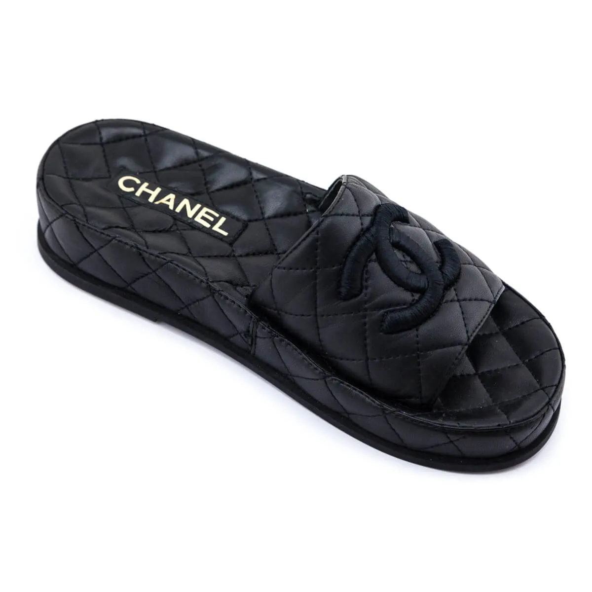 Chanel Black Quilted Lambskin CC Slides Size US 6 | EU 36