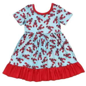CRAWFISH Blue with Red Trim Short Sleeve Girls Ruffle Dress