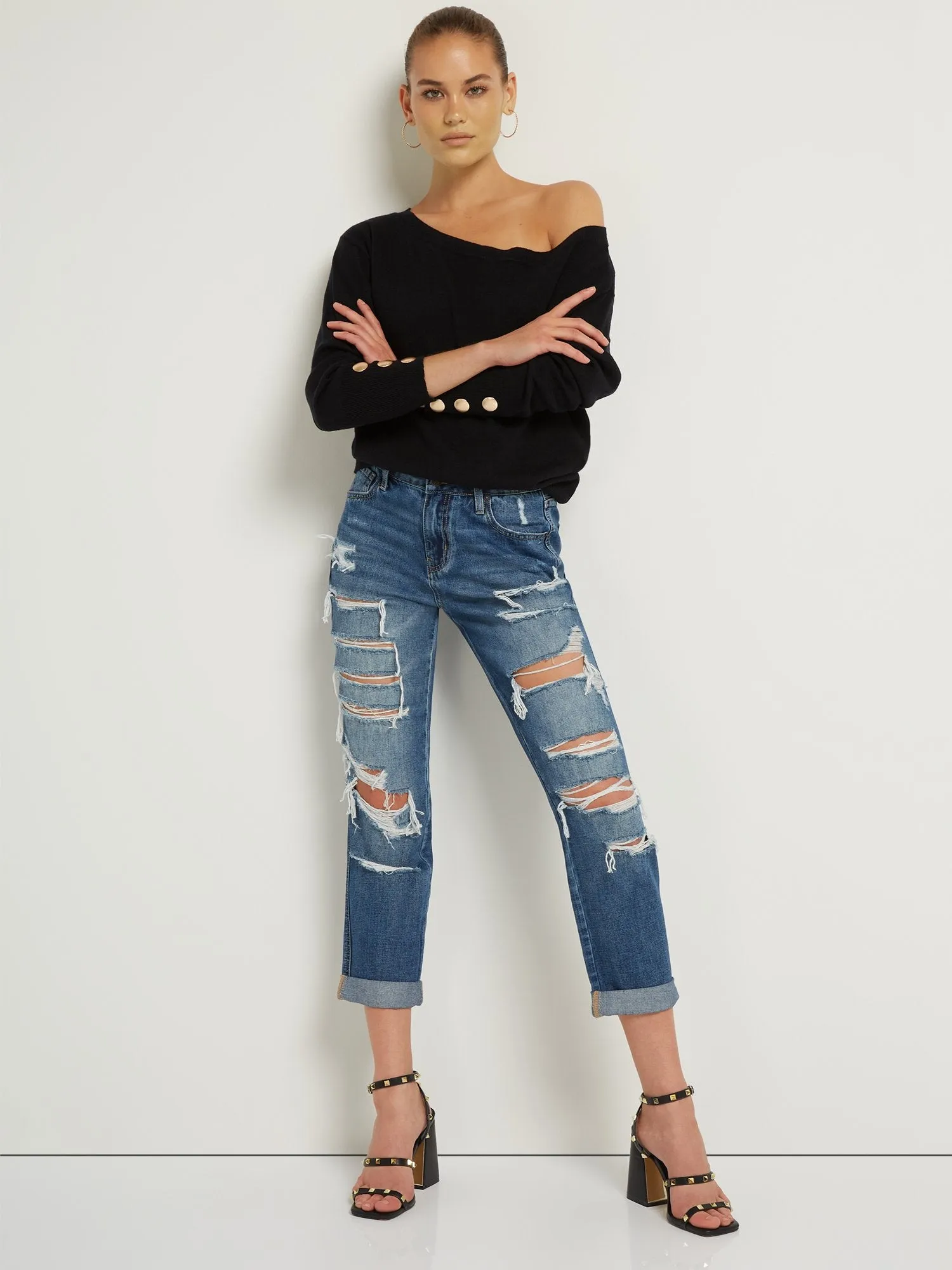 Curvy High Rise Destructed Boyfriend Jeans