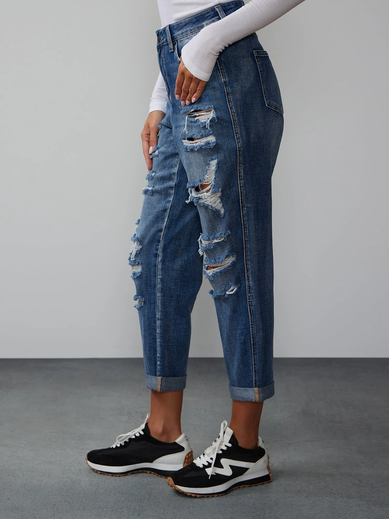 Curvy High Rise Destructed Boyfriend Jeans