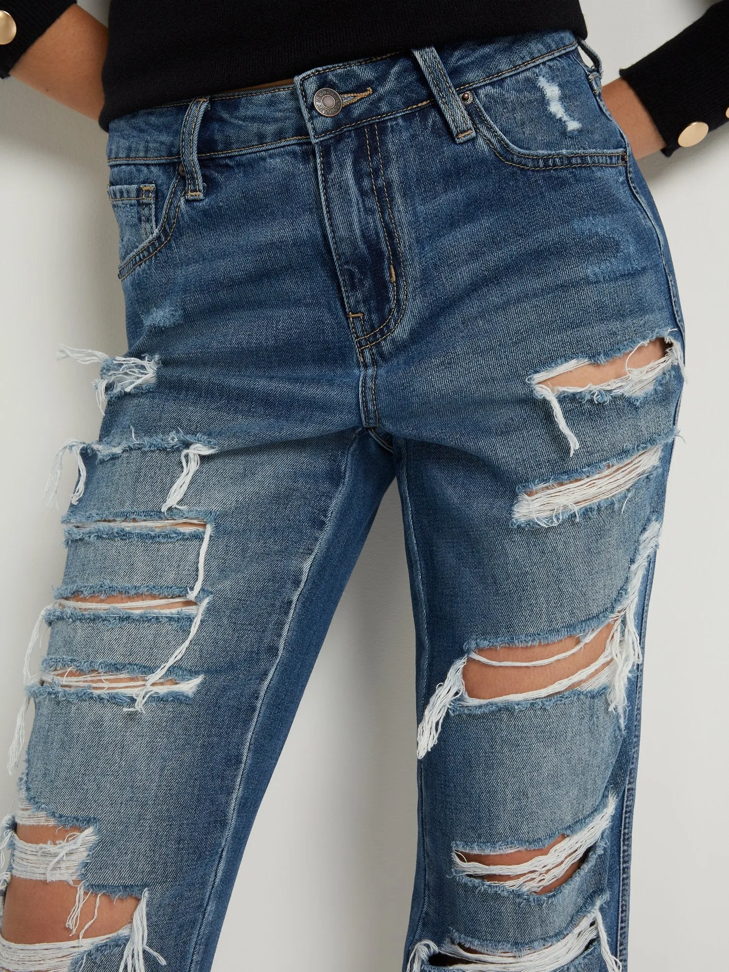 Curvy High Rise Destructed Boyfriend Jeans