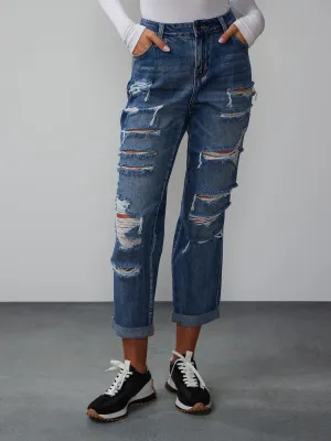 Curvy High Rise Destructed Boyfriend Jeans