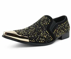 Desta Black/Gold Men's Rhinestone Loafers With Metal Tip