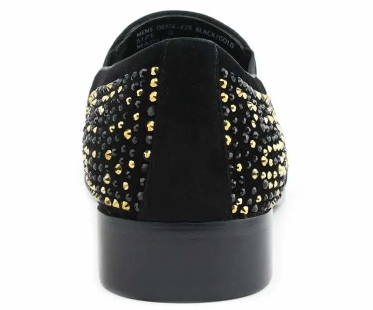 Desta Black/Gold Men's Rhinestone Loafers With Metal Tip