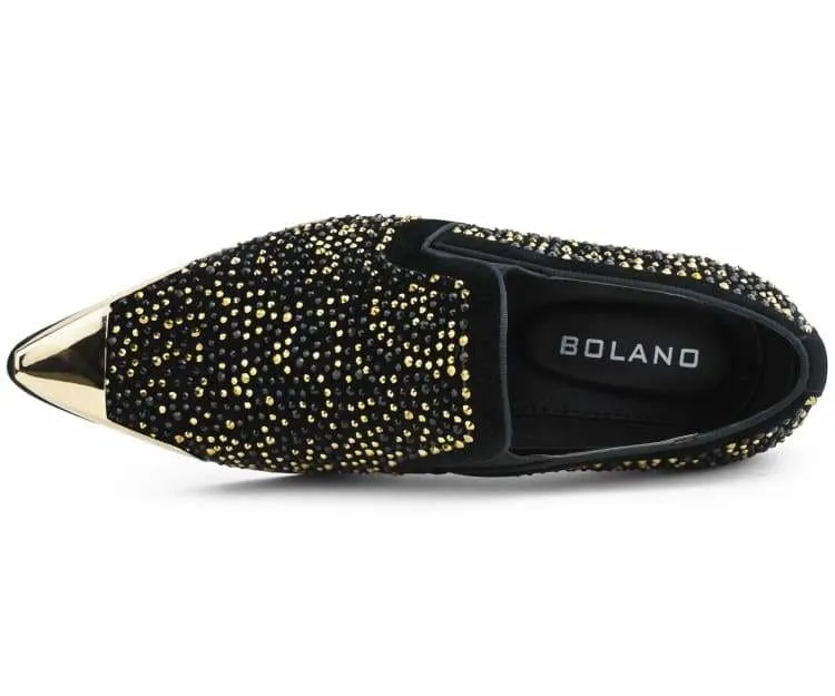 Desta Black/Gold Men's Rhinestone Loafers With Metal Tip