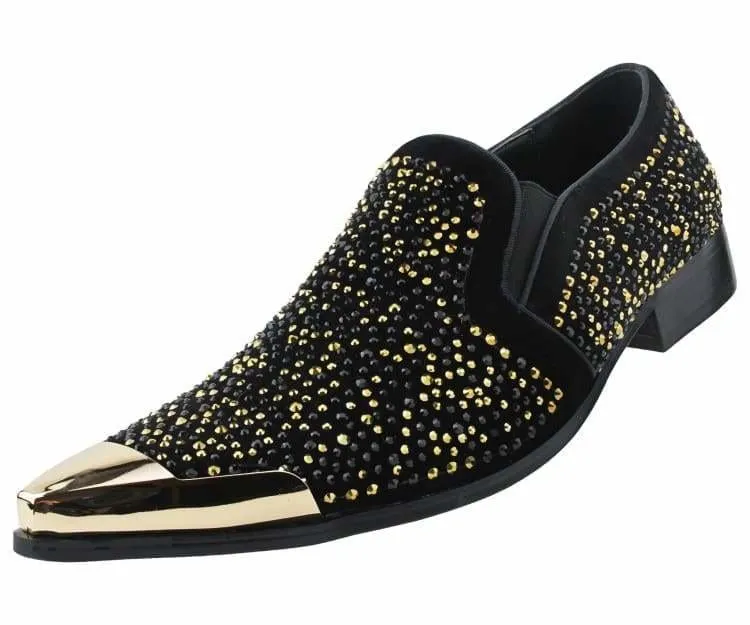 Desta Black/Gold Men's Rhinestone Loafers With Metal Tip
