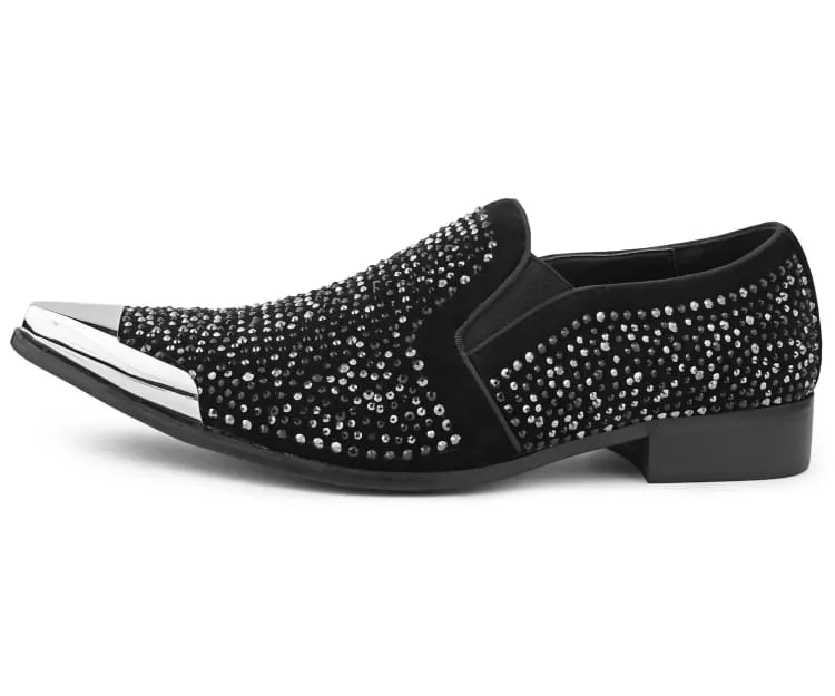 Desta Black/Silver Men’s Slip On Loafers With Rhinestones