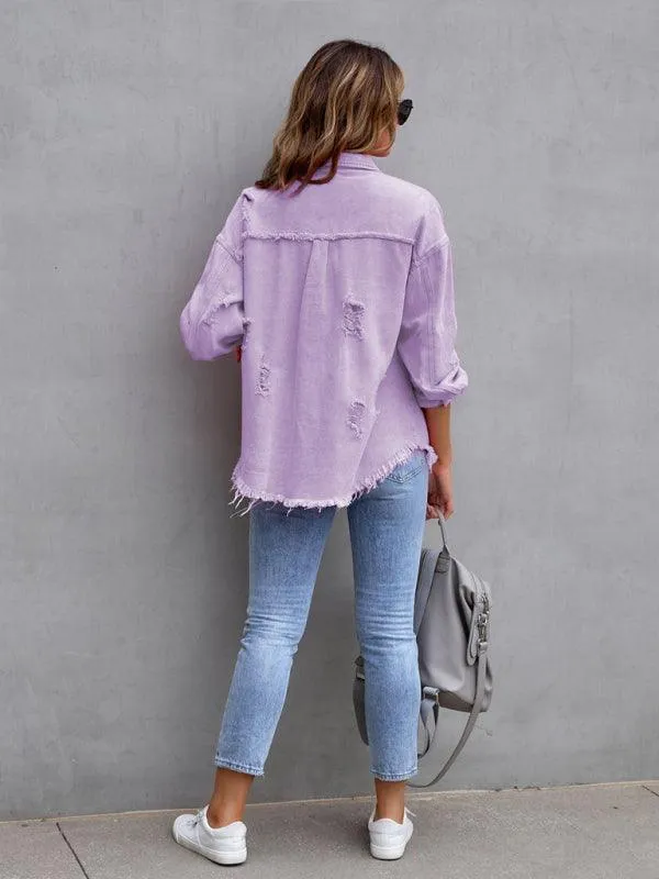 Edgy Elegance: Distressed Raw-Edge Denim Jacket for Effortless Style