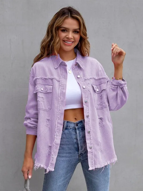 Edgy Elegance: Distressed Raw-Edge Denim Jacket for Effortless Style