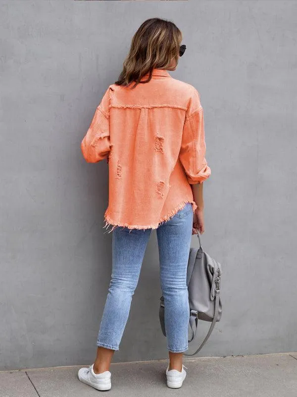Edgy Elegance: Distressed Raw-Edge Denim Jacket for Effortless Style