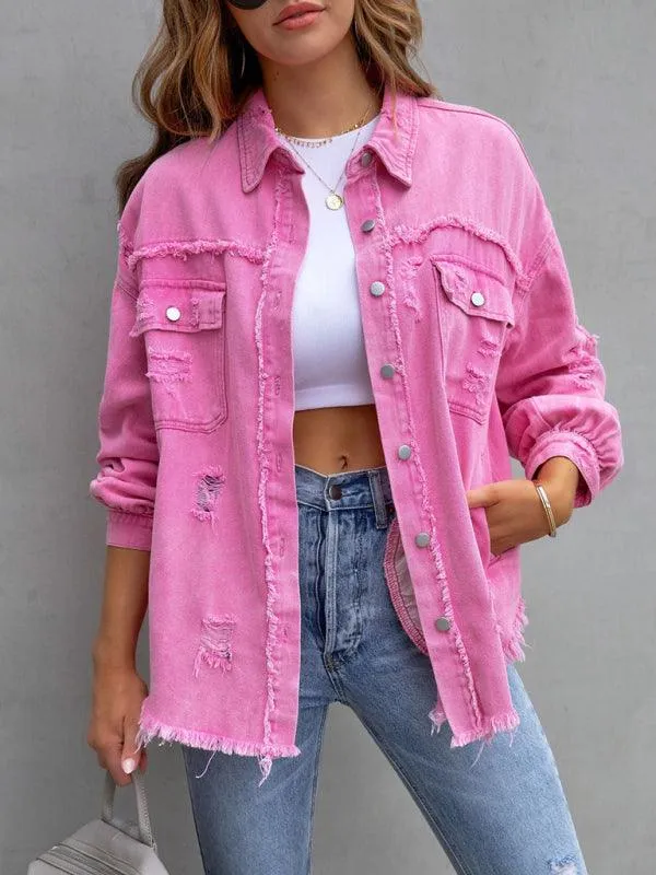 Edgy Elegance: Distressed Raw-Edge Denim Jacket for Effortless Style