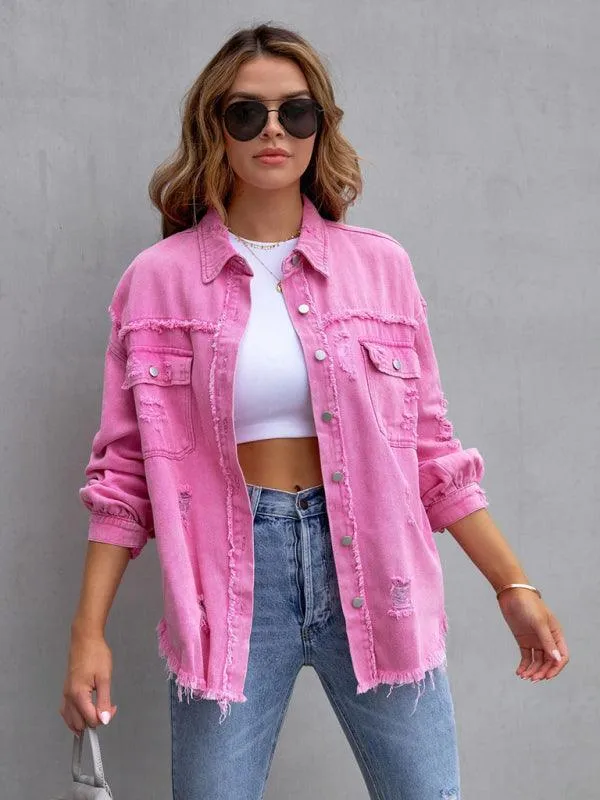 Edgy Elegance: Distressed Raw-Edge Denim Jacket for Effortless Style