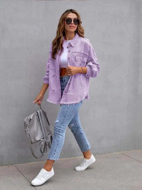 Edgy Elegance: Distressed Raw-Edge Denim Jacket for Effortless Style