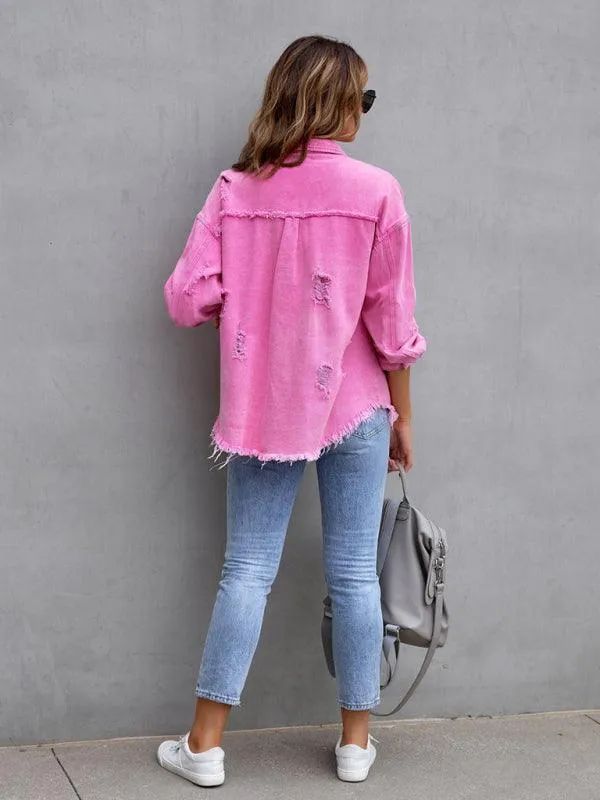 Edgy Elegance: Distressed Raw-Edge Denim Jacket for Effortless Style