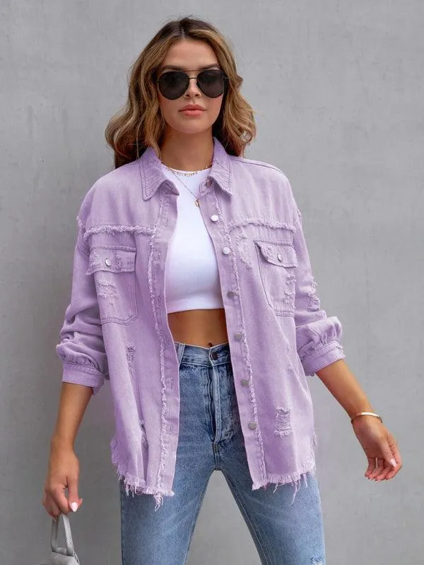 Edgy Elegance: Distressed Raw-Edge Denim Jacket for Effortless Style