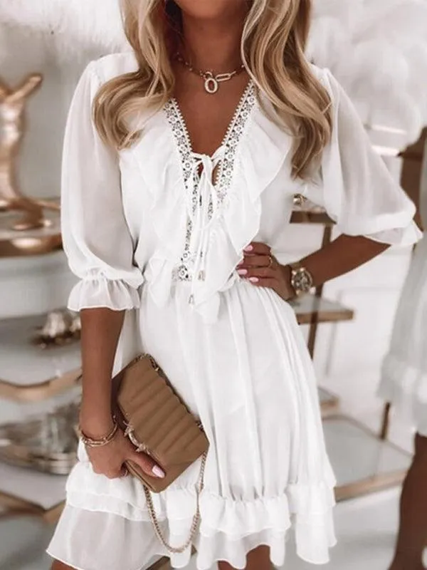 Elegant Mosaic Pattern V Neck Chiffon Dress for Effortless Style